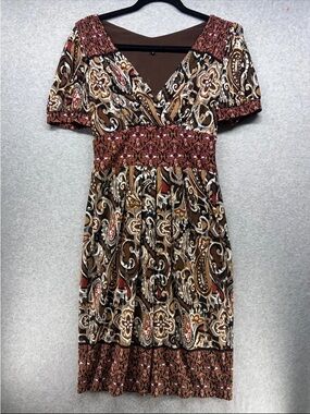 Smocked Waist V-Neck Midi Dress in Brown Paisley